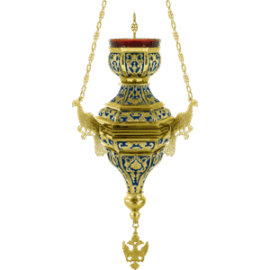Ornate gold and blue religious lamp with intricate design, used in Greek Orthodox church ceremonies, made by Tsatsaronis Antonios.