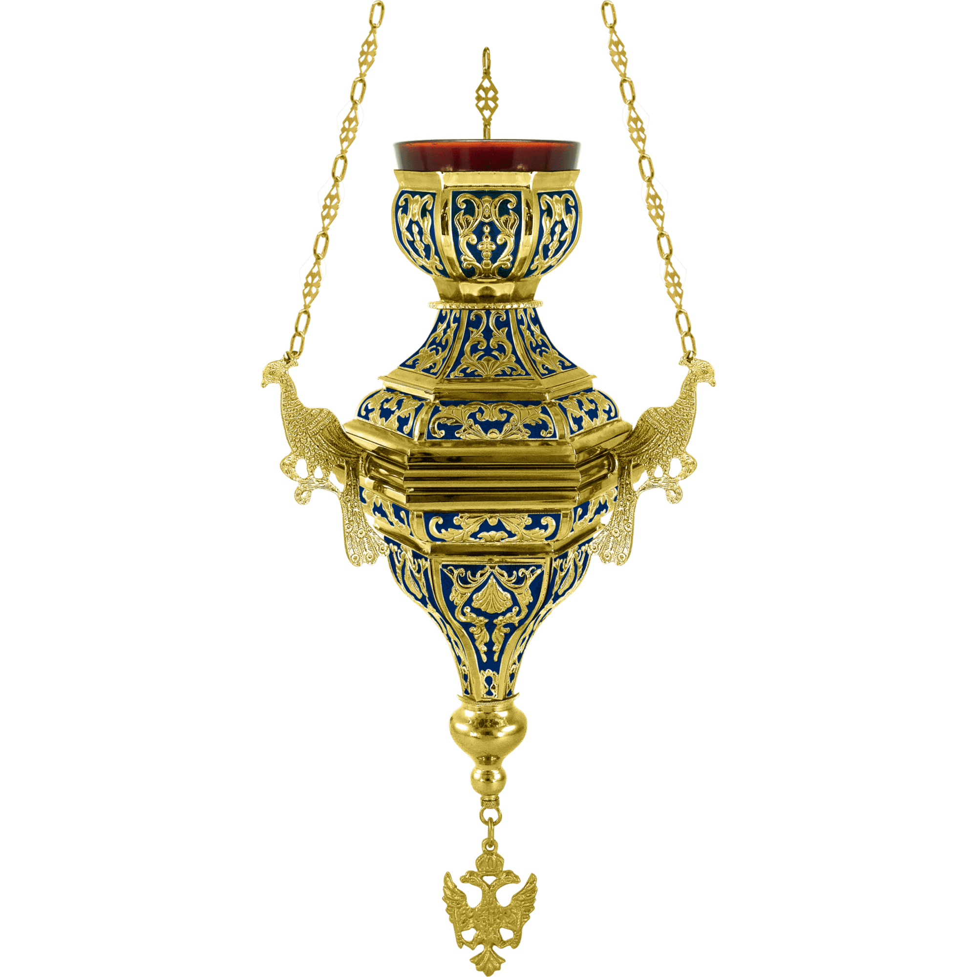 Ornate gold and blue religious lamp with intricate design, used in Greek Orthodox church ceremonies, made by Tsatsaronis Antonios.