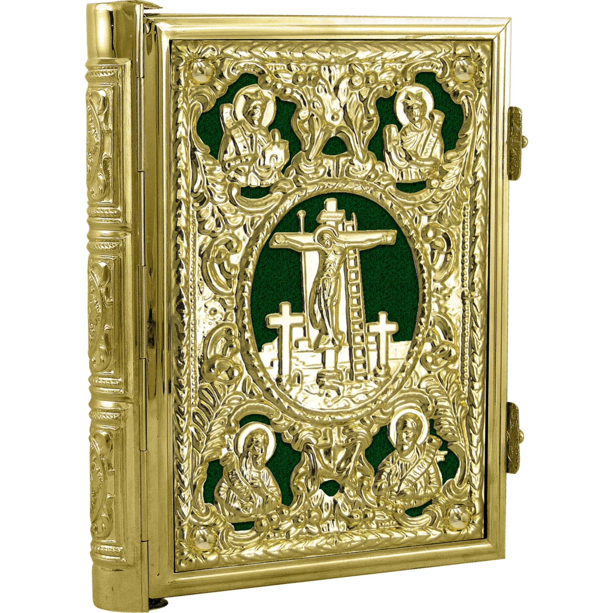 Intricate gold-plated religious icon featuring Jesus Christ on the cross, surrounded by saints and biblical scenes, used as an ecclesiastical artifact for Orthodox Christian worship.