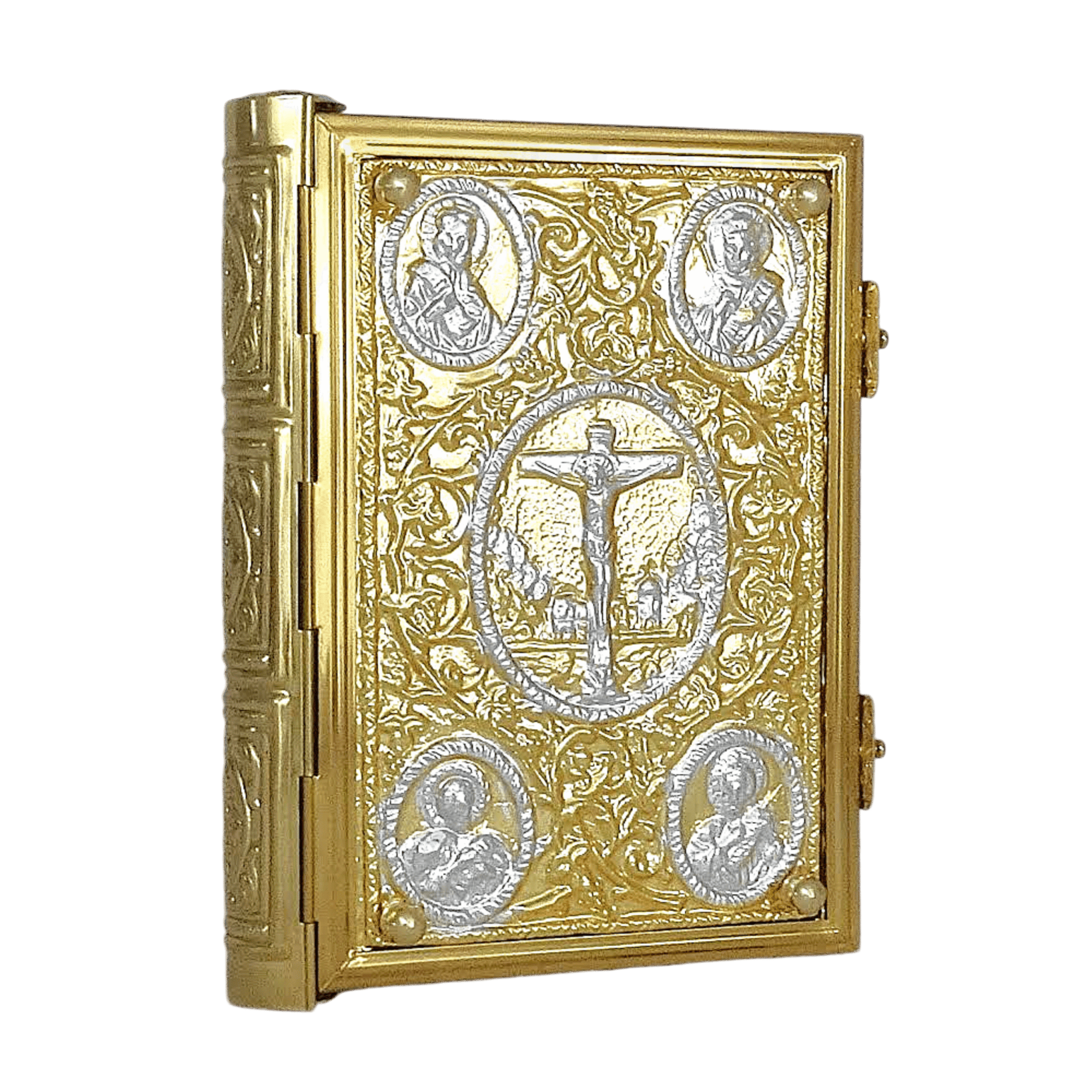 Ornate gold religious icon with engraved images of saints and the crucifix in the center, used for church decor and worship.