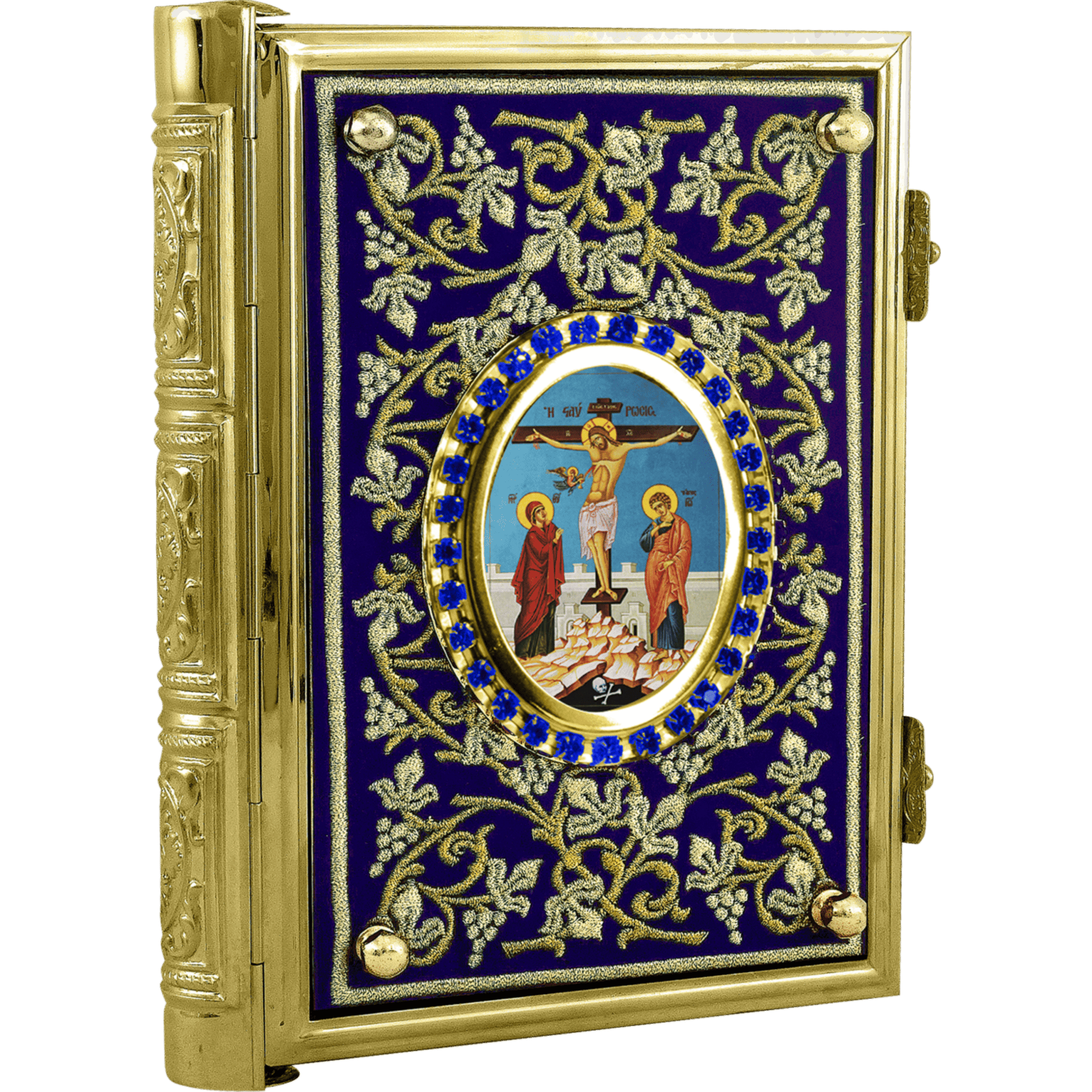 Golden Orthodox icon box with detailed embroidery and religious iconography, used for storing and venerating sacred items in church settings.