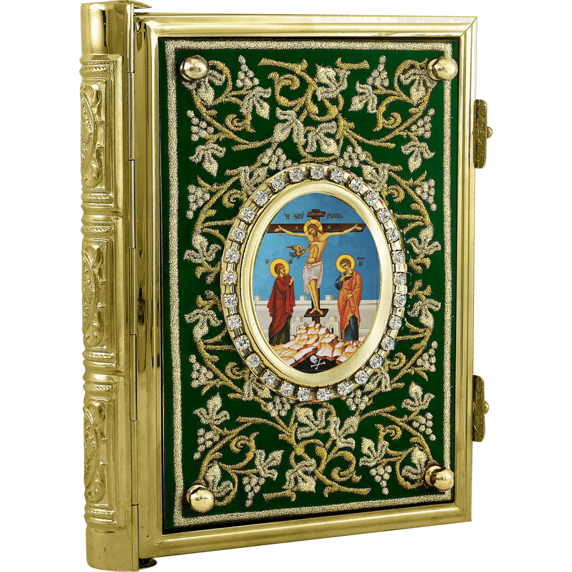 Intricately designed religious icon box with a detailed depiction of the crucifixion scene, embellished with gold accents and sparkling gemstones, ideal for church or personal devotional use.