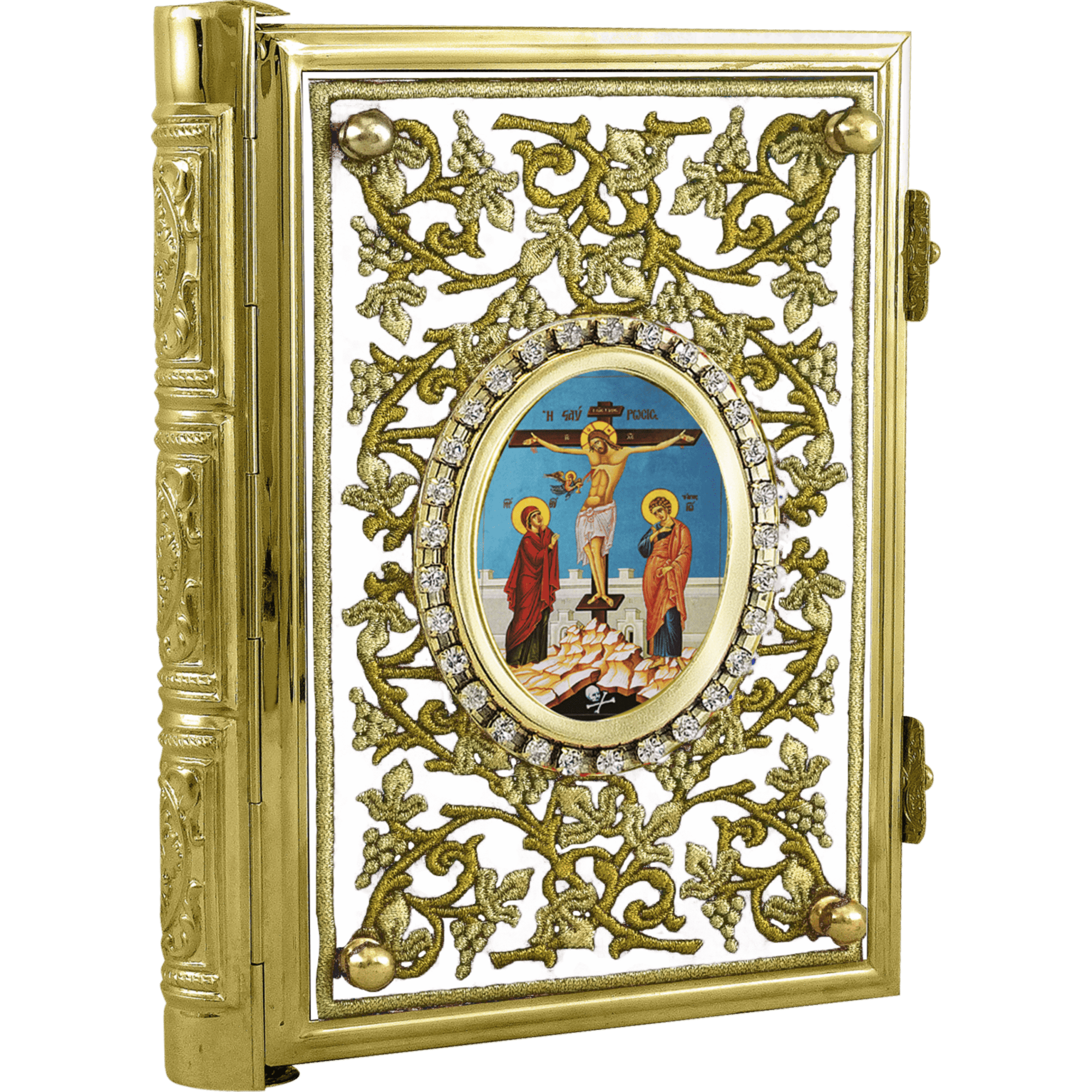 Intricate religious icon inside a gold ecclesiastical reliquary with ornate filigree and gemstone accents, perfect for church liturgical settings and sacred church supplies.