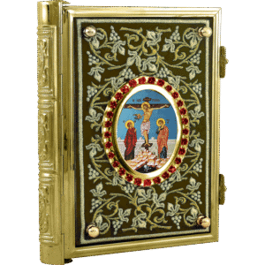 Intricately designed religious icon with gold frame, embroidered background, and depiction of Jesus Christ on the cross, surrounded by saints for church and religious supplies.