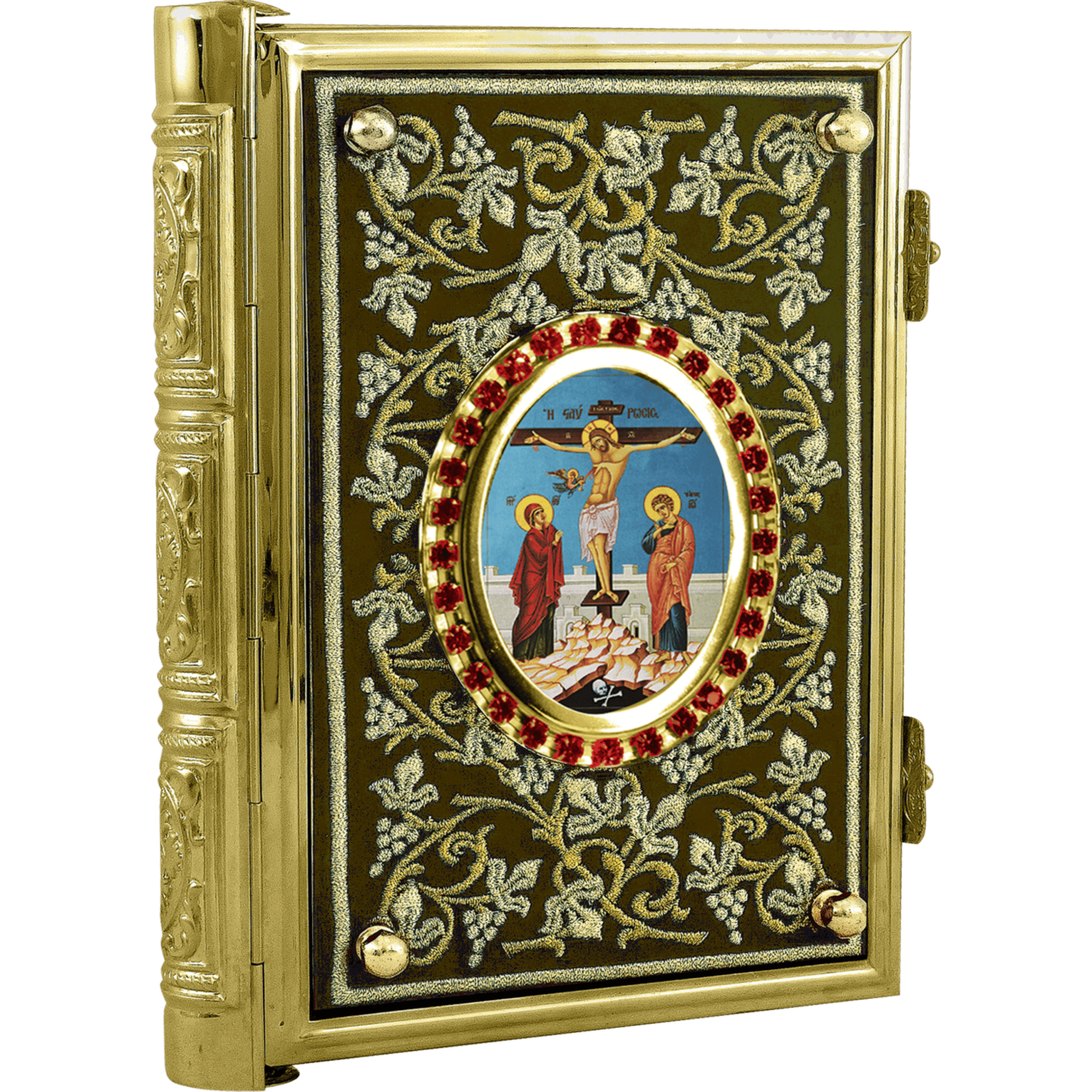Intricately designed religious icon with gold frame, embroidered background, and depiction of Jesus Christ on the cross, surrounded by saints for church and religious supplies.