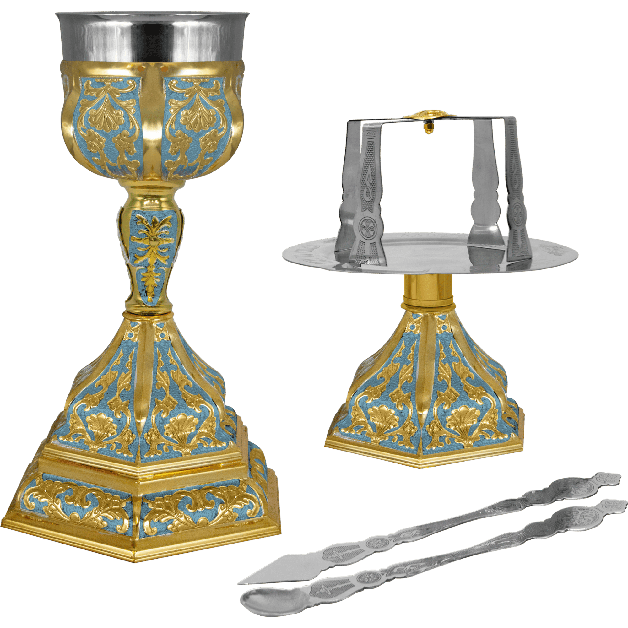 Ornate silver and gold liturgical church set for Orthodox Christian sacraments, including chalice, censer, and spoon, with intricate religious engravings.