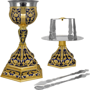 Ornate gold and blue liturgical chalice and plate with silver censer and tongs, used in Orthodox Christian church services, showcasing ecclesiastical religious items from the church supplies of Tsatsonis Antonios.