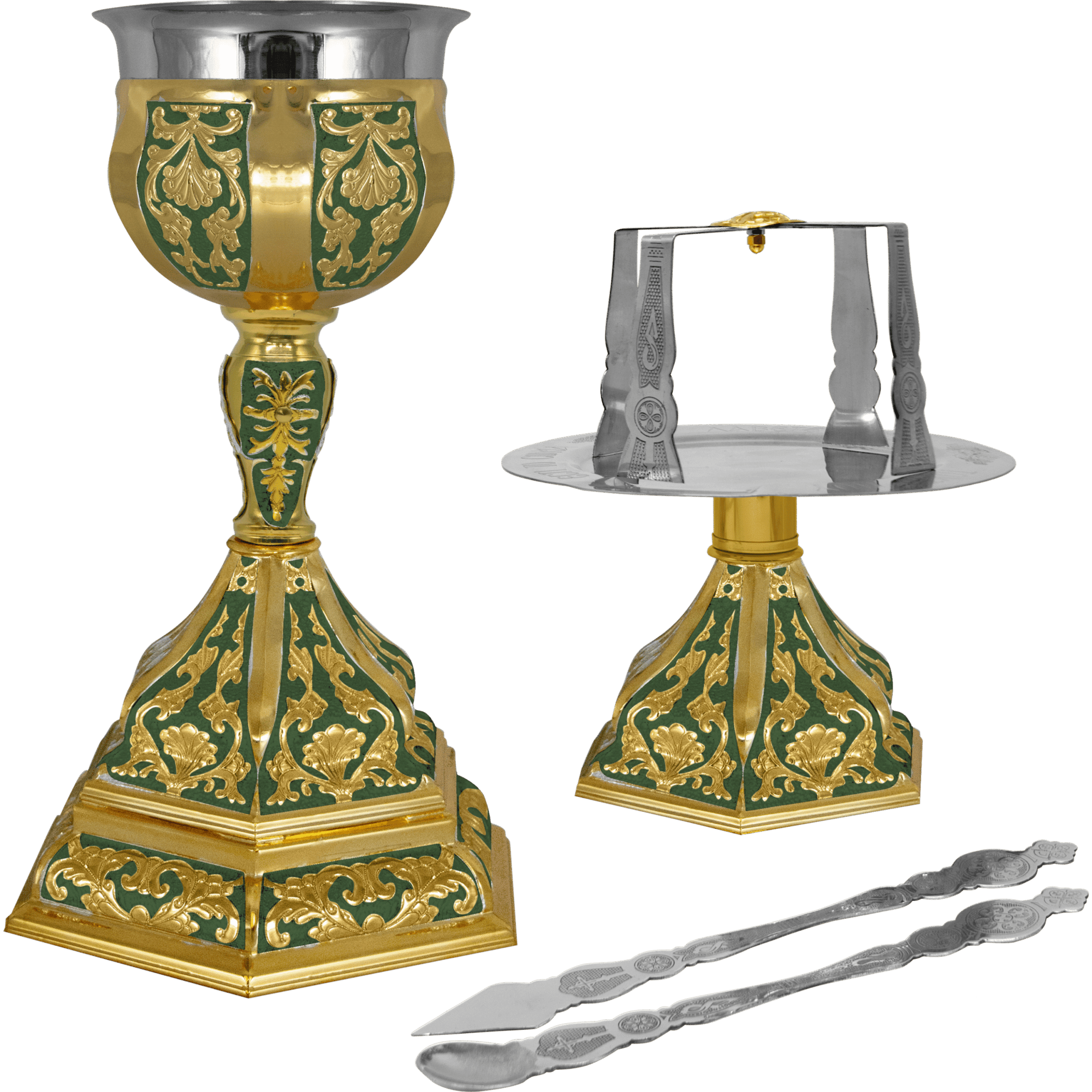 Ornate gold and green ecclesiastical chalice and candle holder set, traditional church accessories for religious ceremonies, crafted with intricate designs.