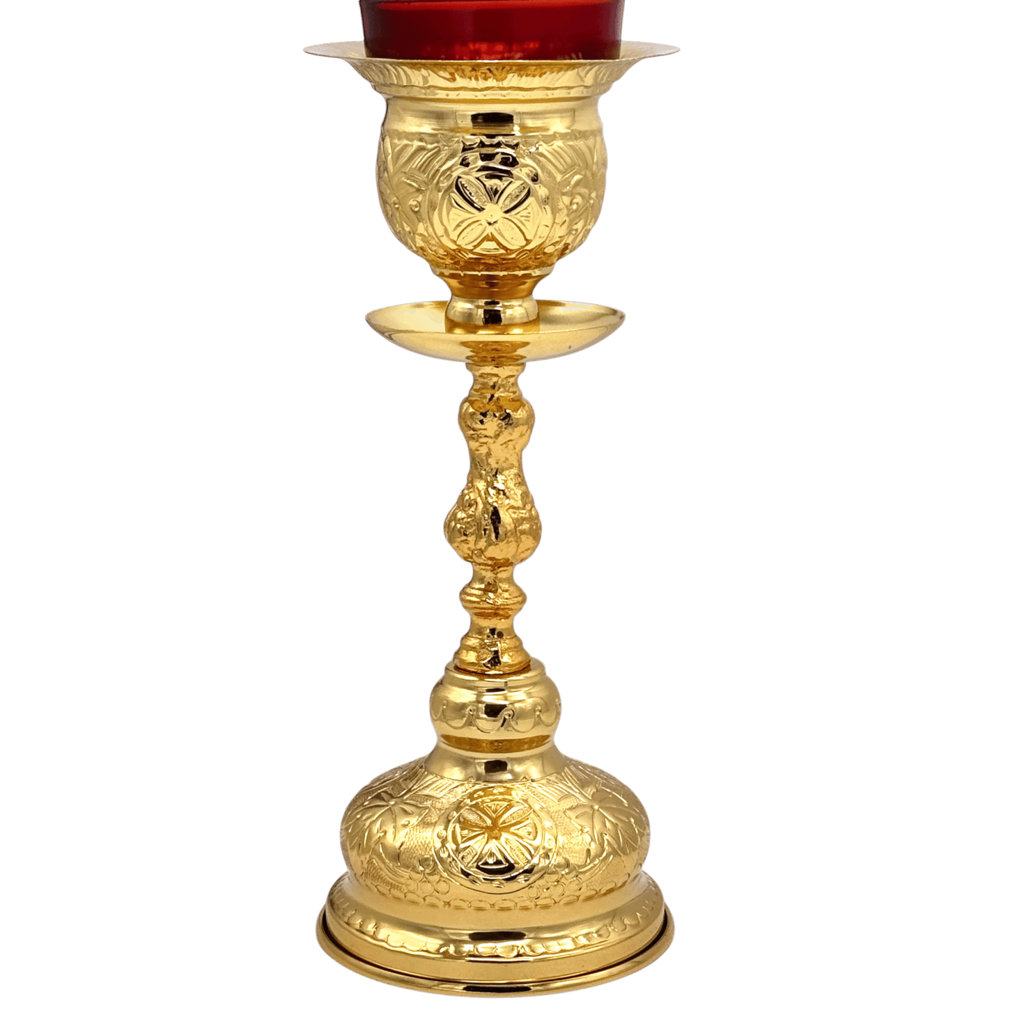 Elegant gold ecclesiastical candle holder for church services, featuring intricate engravings and a deep red candle, ideal for liturgical use.