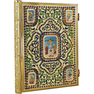 Intricately designed gold-plated Religious Orthodox Christian icon with colorful gemstones and traditional painted icons, used for church worship and religious ceremonies.