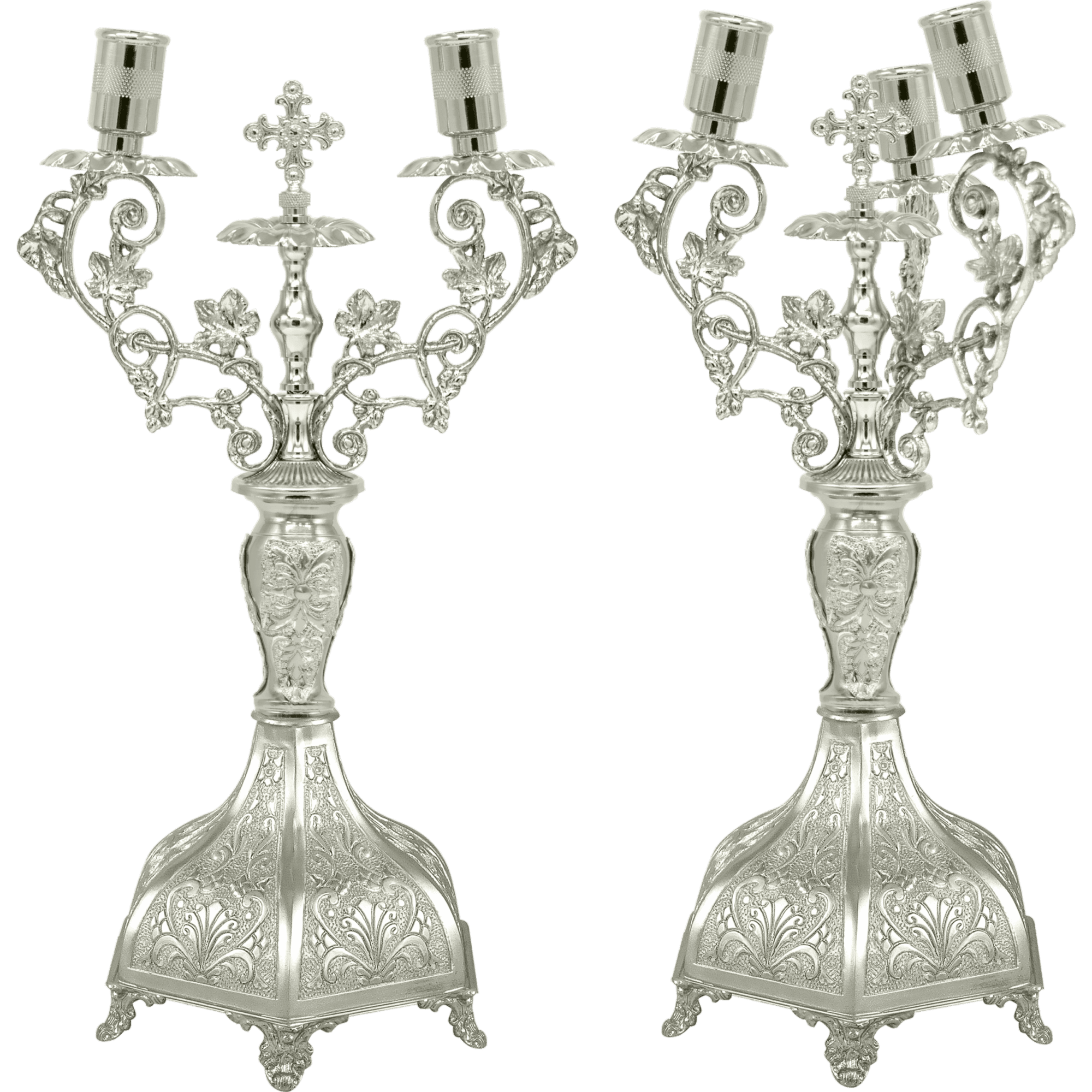 Ornate silver church candelabras for religious ceremonies, Greek Orthodox ecclesiastical liturgical churchware, decorative religious candelabra, sacred altar candle holders, traditional Greek church "Tzatsaronis" ecclesiastical items.