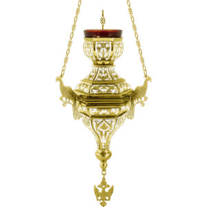 Ornate church hanging lamp, religious artifacts, ecclesiastical decor, gold-plated religious lighting, traditional Greek Orthodox church ornamentation.