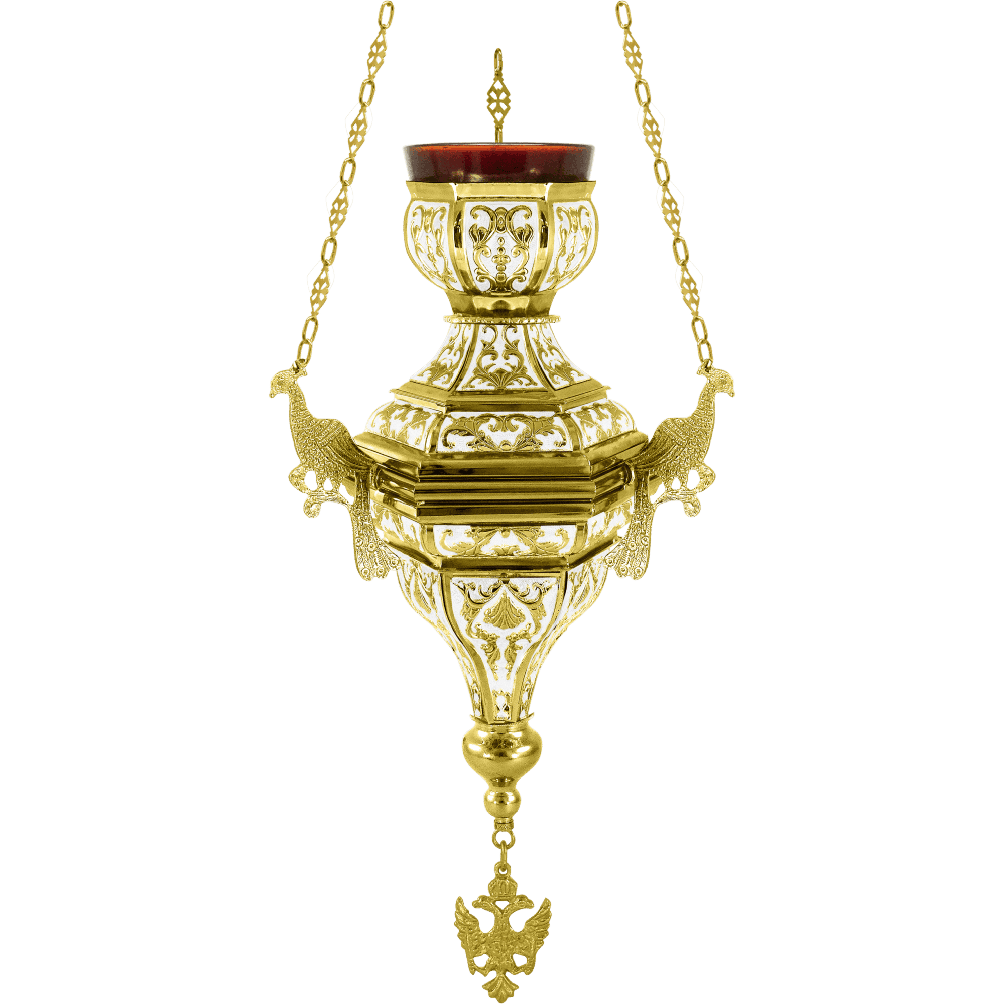 Ornate church hanging lamp, religious artifacts, ecclesiastical decor, gold-plated religious lighting, traditional Greek Orthodox church ornamentation.