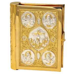 Ornate religious iconography book with gold and silver accents, featuring detailed images of saints, Jesus Christ, and angelic figures, designed for church and liturgical use.
