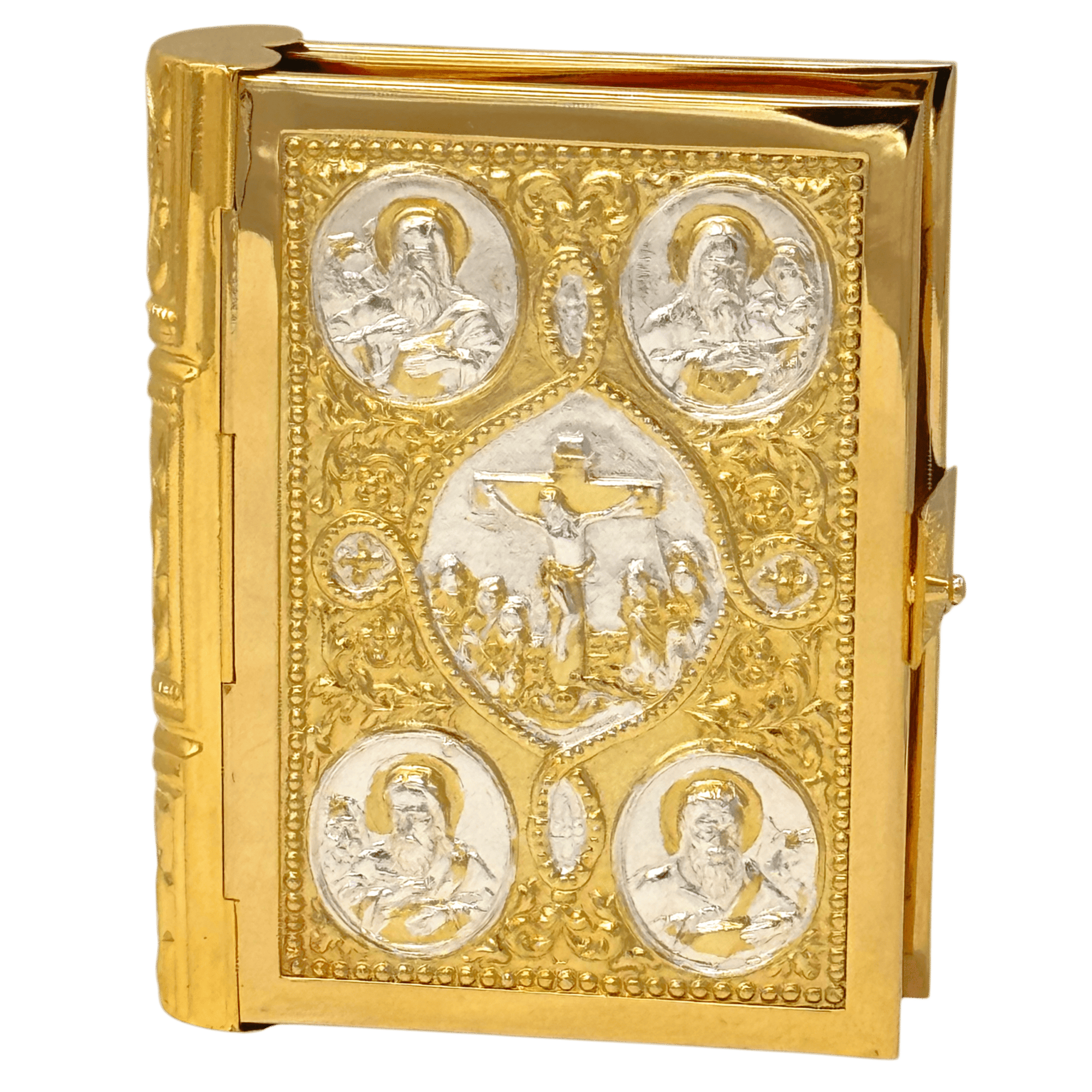 Ornate religious iconography book with gold and silver accents, featuring detailed images of saints, Jesus Christ, and angelic figures, designed for church and liturgical use.