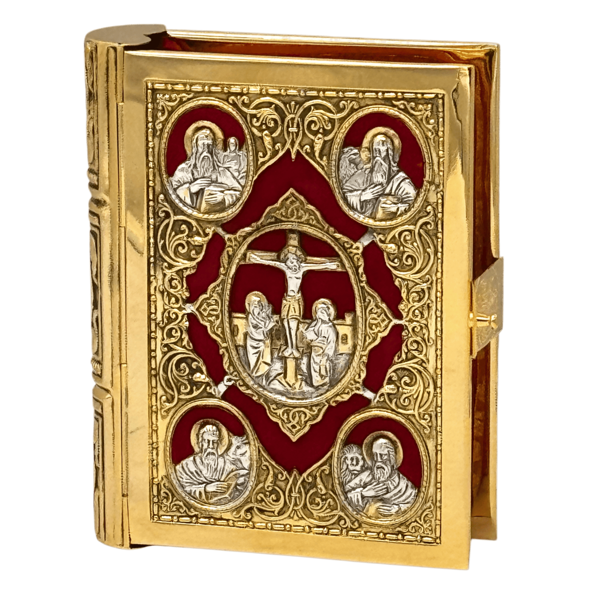 Orthodox Christian religious book with silver icons and gold ornamentation, ideal for church services and religious ceremonies.