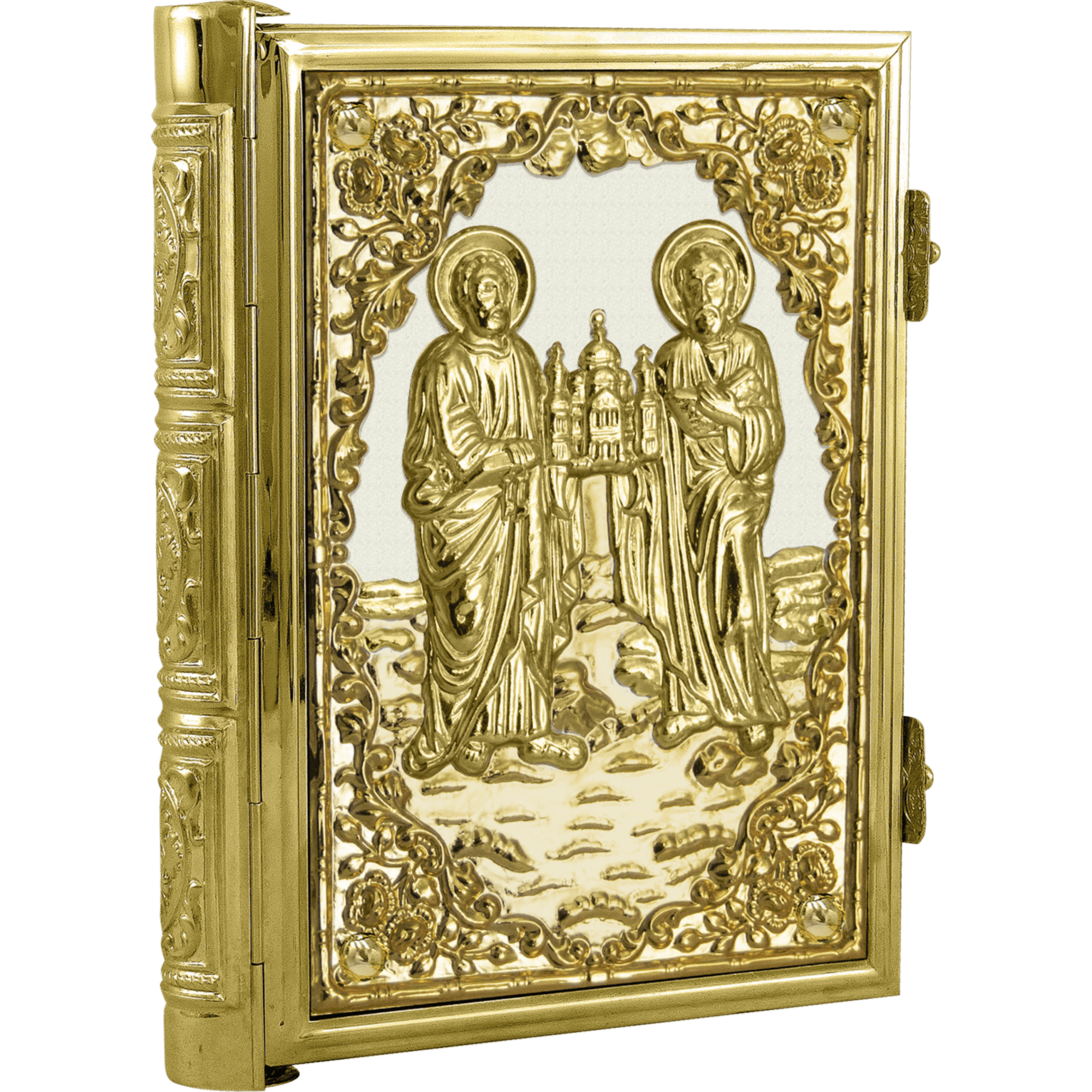 Intricate gold-embossed religious icon of saints with detailed floral frame, ideal for church decoration and Orthodox Christian worship.