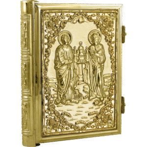 Intricate gold-plated religious icon depicting Saints, traditional ecclesiastical art, perfect for church decoration and worship.