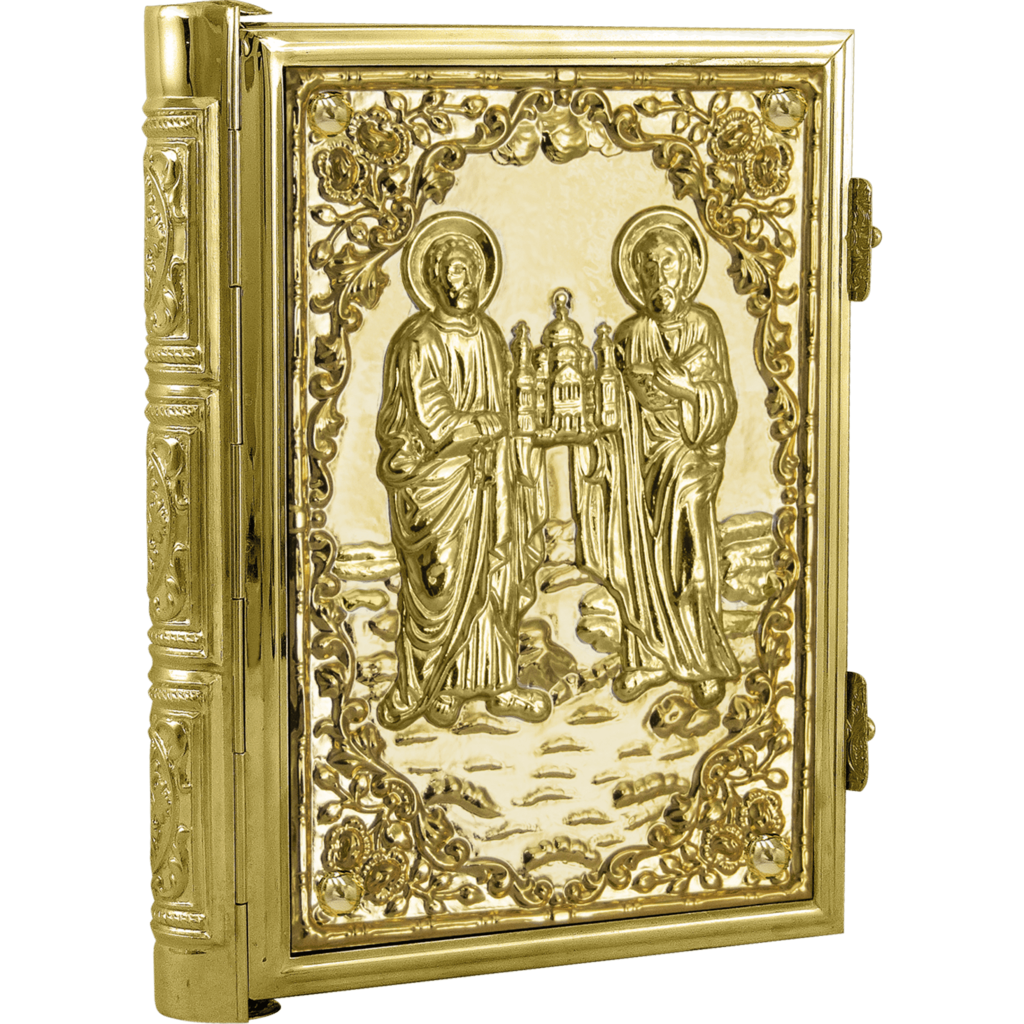 Intricate gold-plated religious icon depicting Saints, traditional ecclesiastical art, perfect for church decoration and worship.