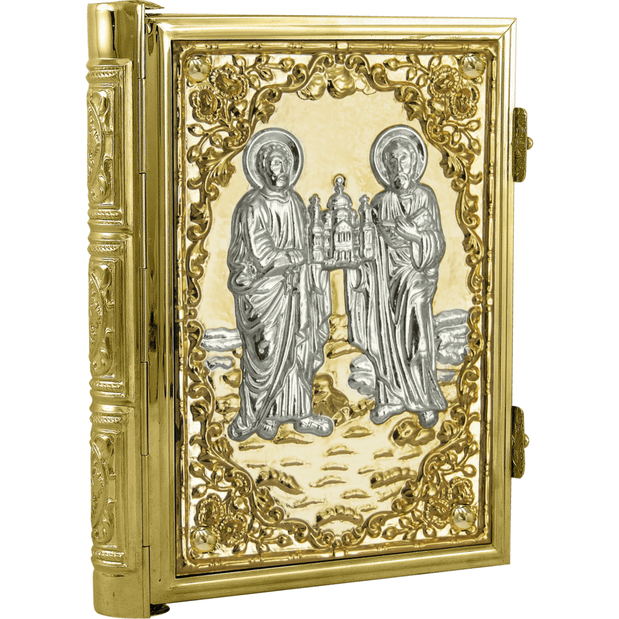 Intricate gold and silver religious icon with saints, ornate frame, and detailed craftsmanship, ideal for church use and religious ceremonies.