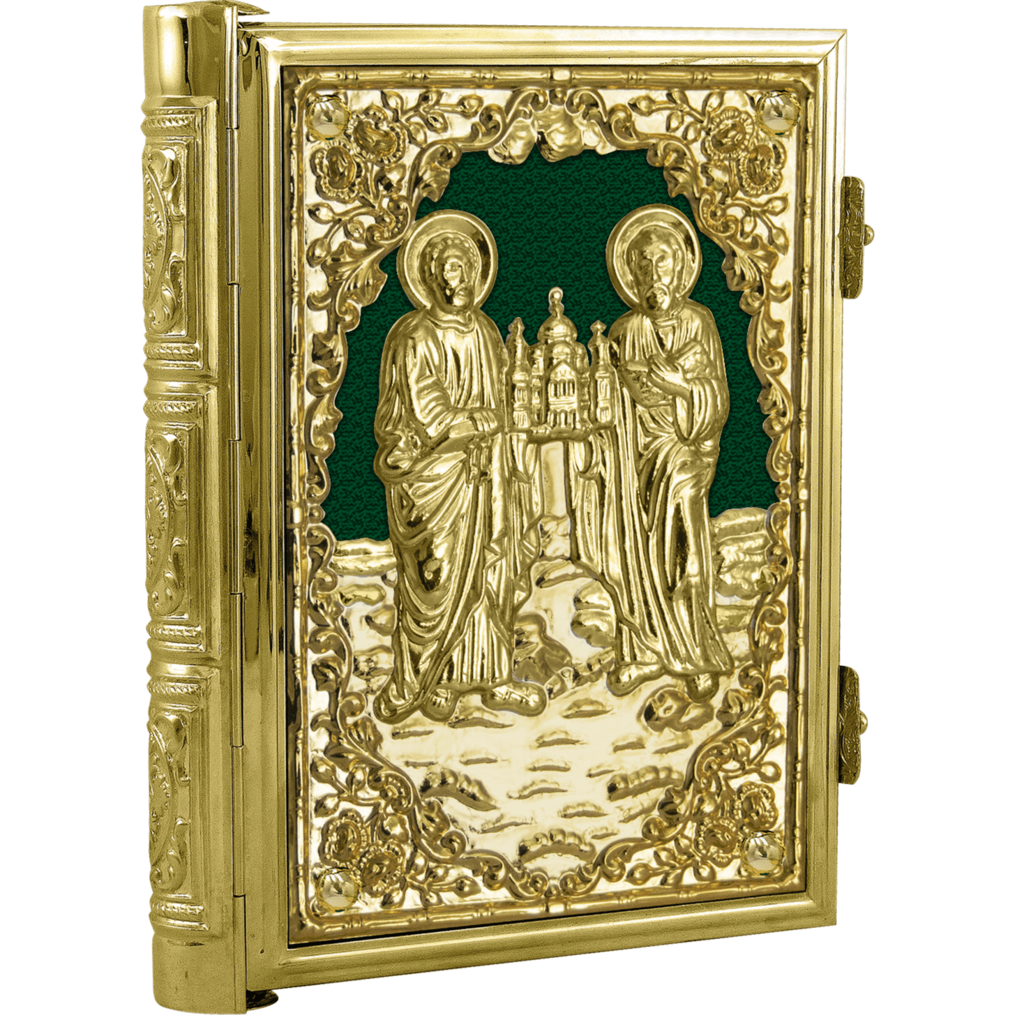Intricately crafted gold-embossed Orthodox religious icon with saints and church symbolism, ideal for church decoration and religious ceremonies.