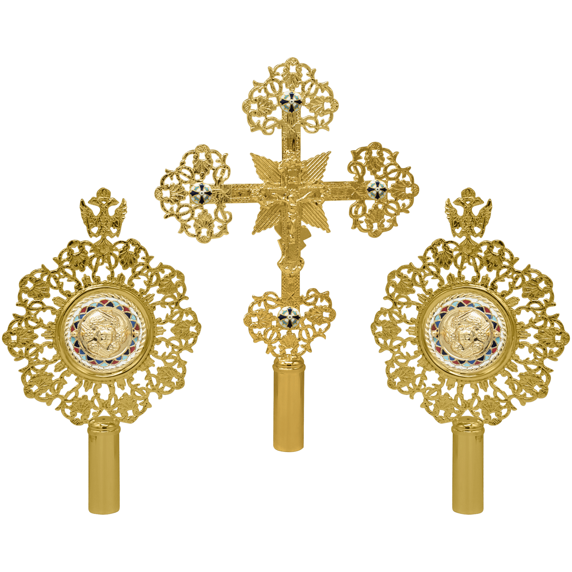 Ornate gold ecclesiastical religious items including a cross and medallions, used in Orthodox Christian ceremonies, showcasing detailed craftsmanship and traditional ecclesiastical designs.