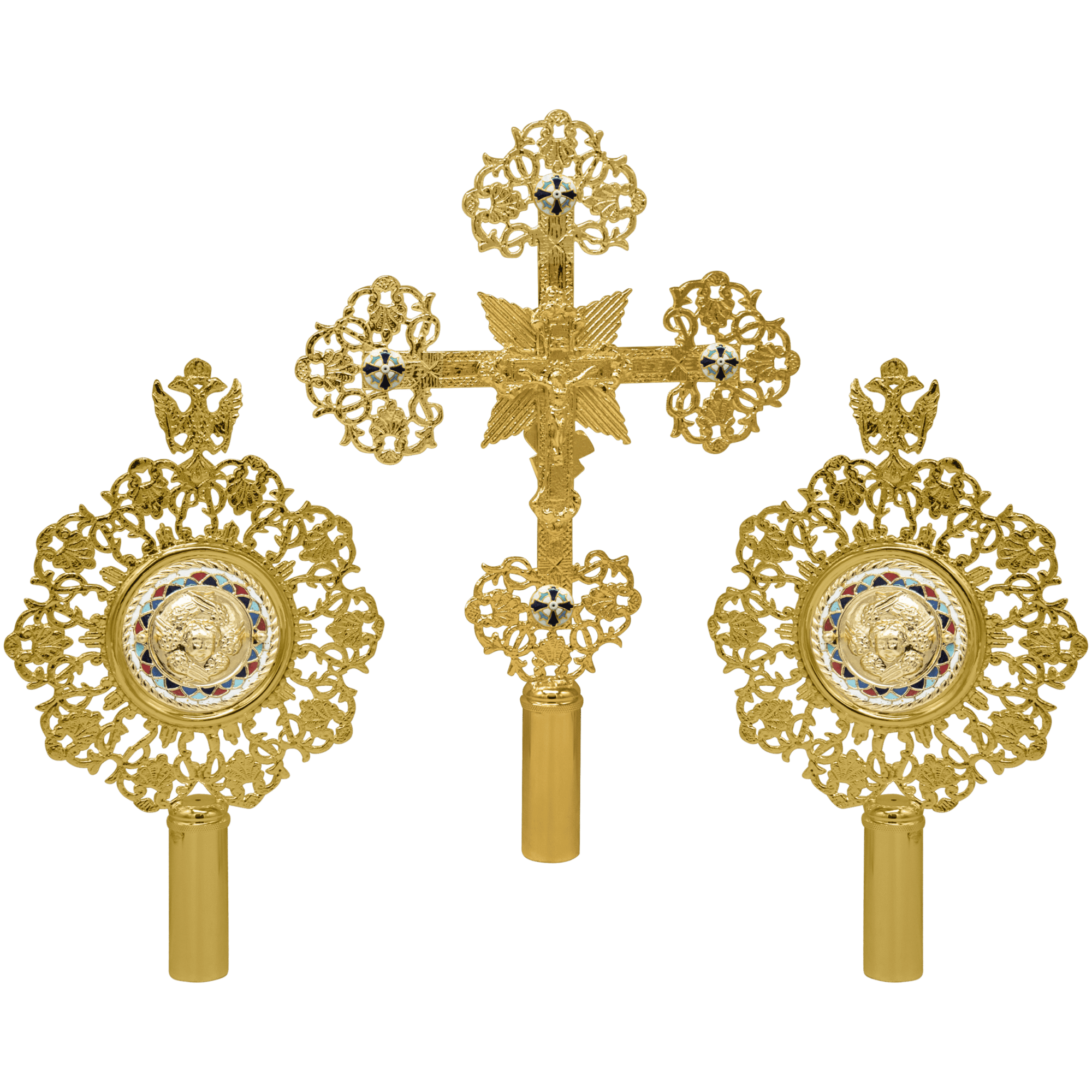 Ornate gold ecclesiastical religious items including a cross and medallions, used in Orthodox Christian ceremonies, showcasing detailed craftsmanship and traditional ecclesiastical designs.