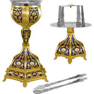Ornate ecclesiastical ceremonial items with golden and blue detailing, including chalice and stand, used in Greek Orthodox church services and religious rituals.
