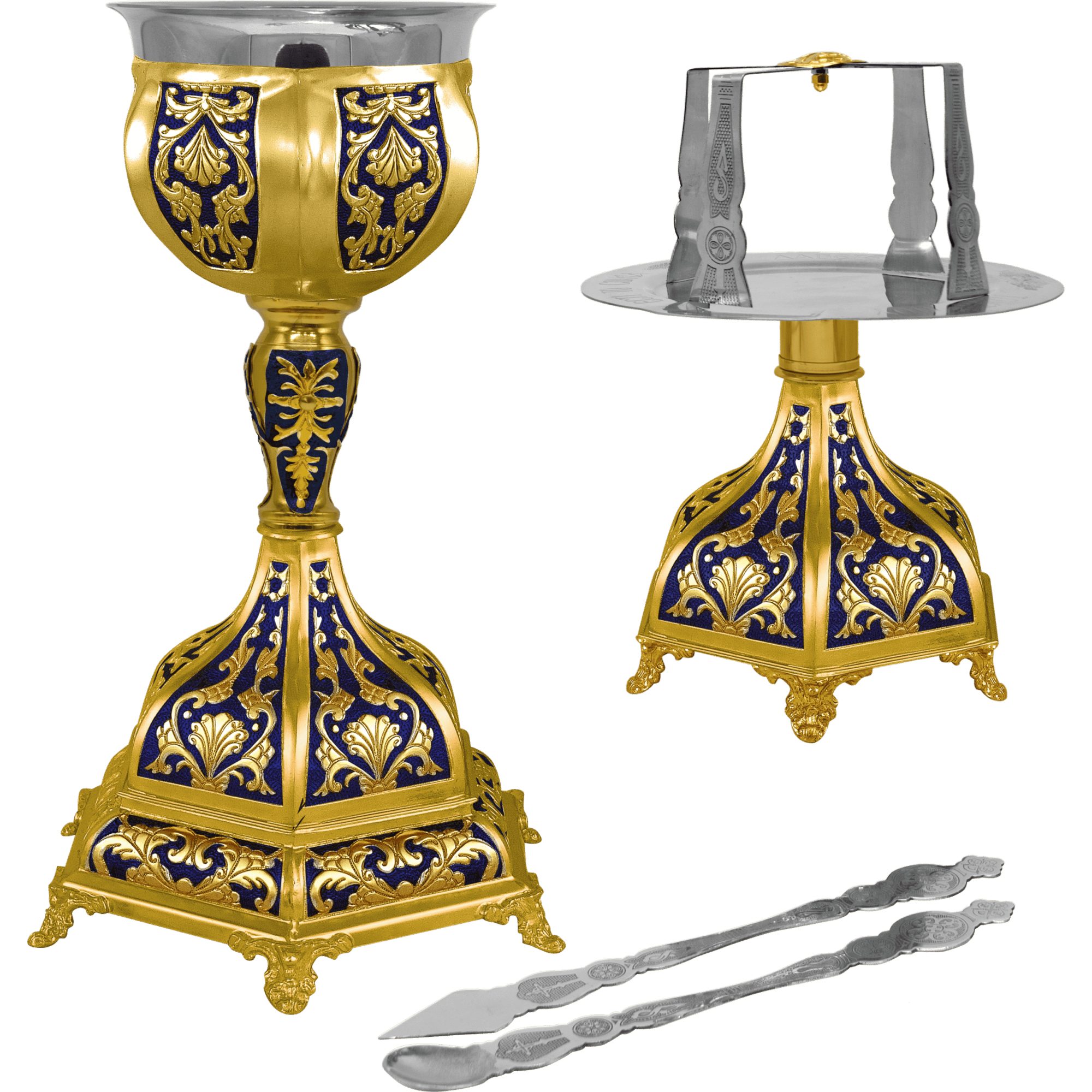 Ornate ecclesiastical ceremonial items with golden and blue detailing, including chalice and stand, used in Greek Orthodox church services and religious rituals.