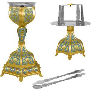 Elegant gilded and blue church liturgical items set, including chalice, tray, and implement for religious ceremonies, crafted with intricate designs, ideal for church sacraments and Orthodox Christian worship.
