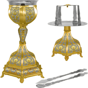 Exquisite gold and silver ecclesiastical liturgical items including chalice, censer, and communion spoon, perfect for Orthodox church ceremonies and religious rituals.