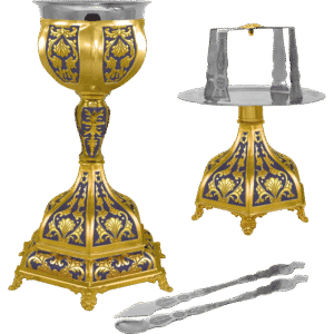 Ornate religious vessel with gold and purple designs used in Orthodox Christian liturgy.