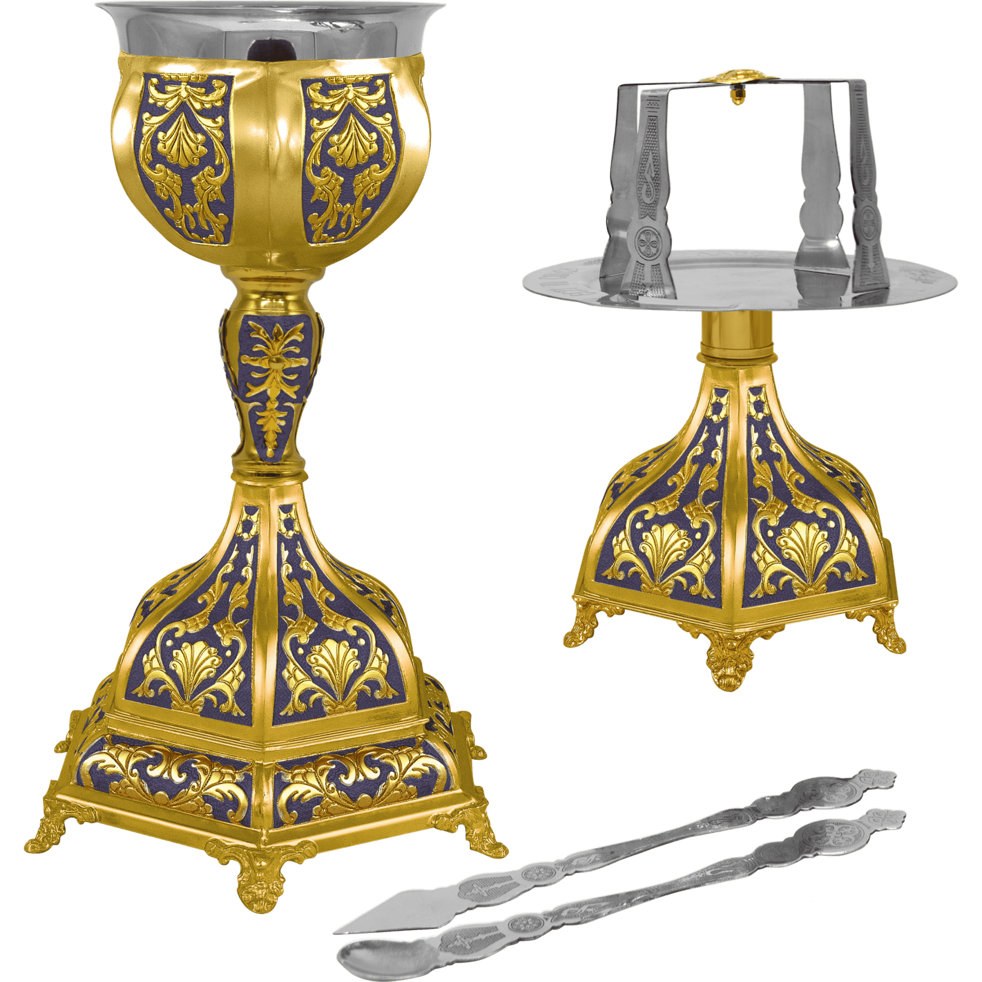 Ornate religious vessel with gold and purple designs used in Orthodox Christian liturgy.