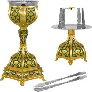 Elegant ecclesiastical items including a gold and green chalice and a liturgical stand, used for religious ceremonies and church services, crafted with intricate designs from TsaTSaroni Antonios.