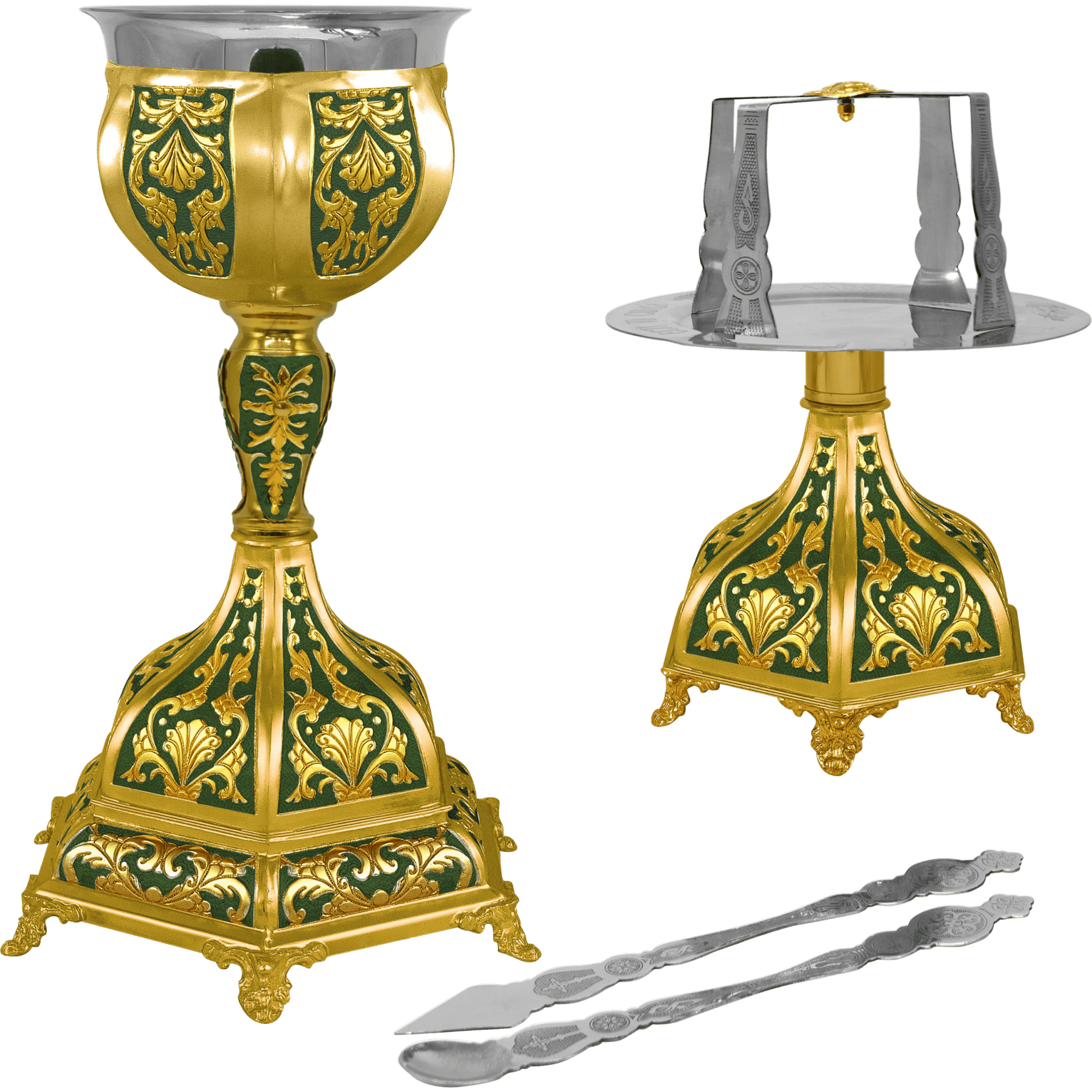 Elegant ecclesiastical items including a gold and green chalice and a liturgical stand, used for religious ceremonies and church services, crafted with intricate designs from TsaTSaroni Antonios.