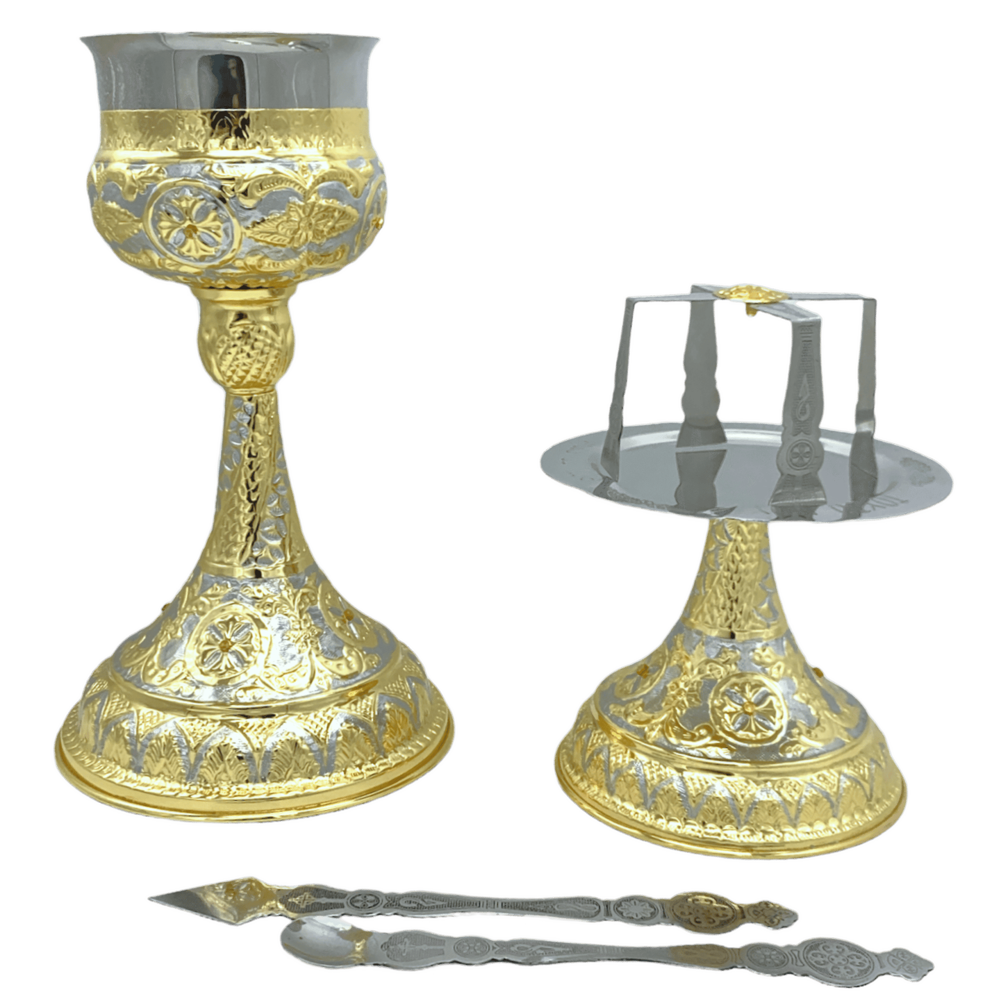 Intricately designed gold and silver Orthodox church candle holders set for religious services, showcasing traditional ecclesiastical liturgical items used by priests and clergy.