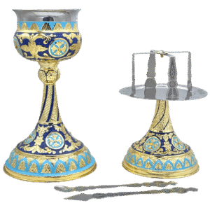 Ornate ecclesiastical chalice and ciborium set with gold, blue, and silver finish, used for church sacraments and religious ceremonies. High-quality religious church items by Tsa tsaroni Antonios.