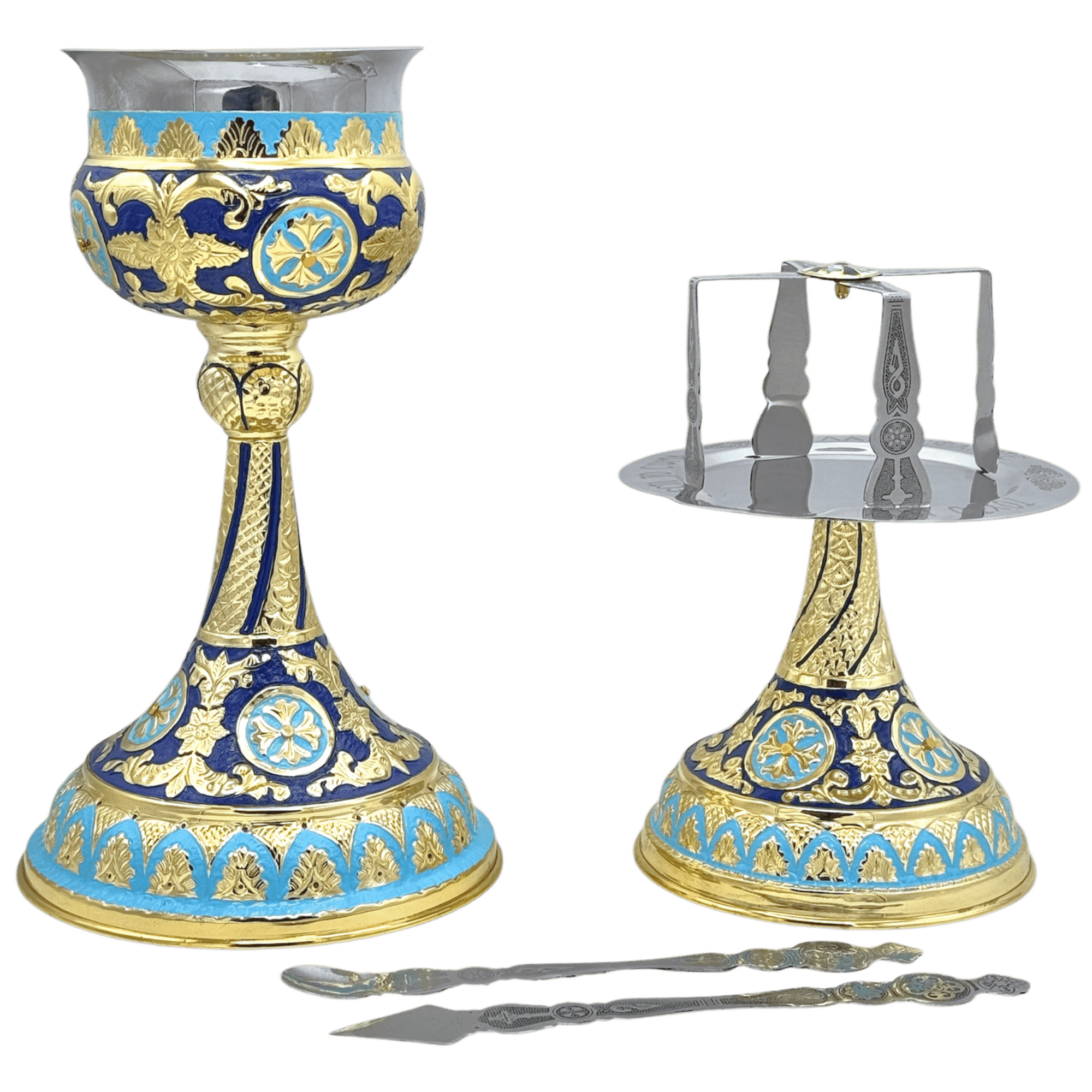 Ornate ecclesiastical chalice and ciborium set with gold, blue, and silver finish, used for church sacraments and religious ceremonies. High-quality religious church items by Tsa tsaroni Antonios.