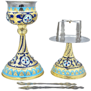 Ornate religious chalice and ciborium set for Orthodox liturgical use with decorative gold, blue, and white details, featuring traditional ecclesiastical symbols and craftsmanship.