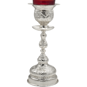 Elegant silver candle holder with intricate religious engravings, ideal for church altar decorations and ecclesiastical ceremonies. Perfect for Orthodox Christian liturgical use.