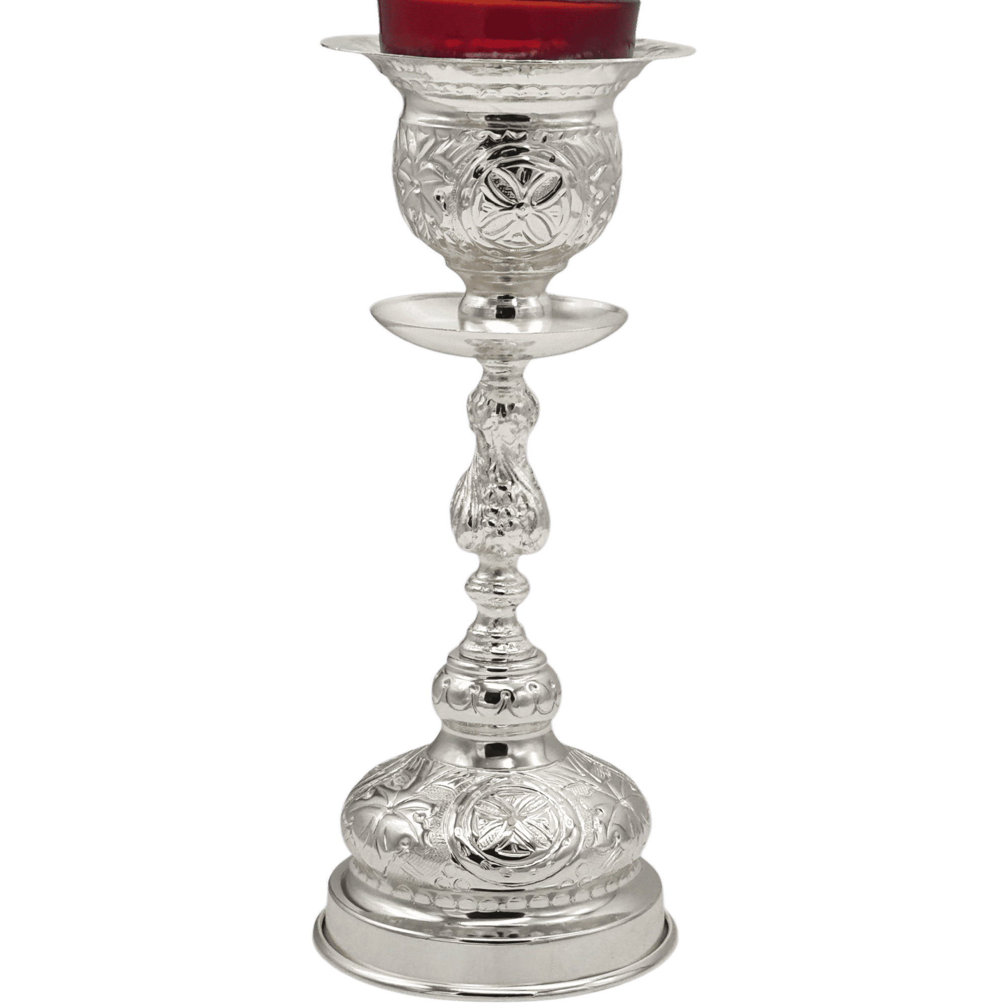 Elegant silver candle holder with intricate religious engravings, ideal for church altar decorations and ecclesiastical ceremonies. Perfect for Orthodox Christian liturgical use.
