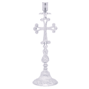 Decorative Orthodox Christian liturgical candlestick with ornate cross design, suitable for church ceremonies and religious celebrations. Made of high-quality metal, showcasing craftsmanship and faith symbolism.