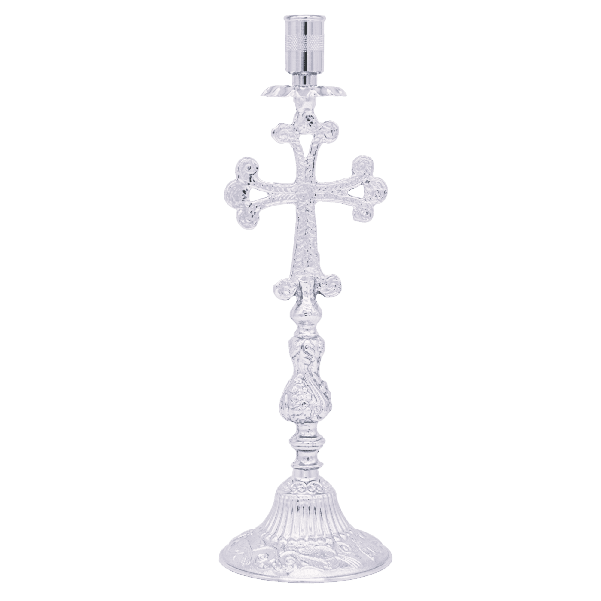 Decorative Orthodox Christian liturgical candlestick with ornate cross design, suitable for church ceremonies and religious celebrations. Made of high-quality metal, showcasing craftsmanship and faith symbolism.