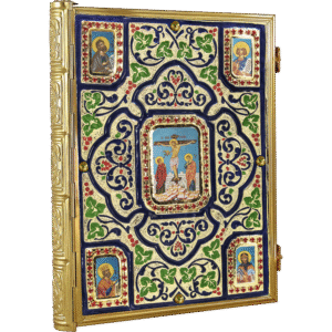 Ornate religious iconostasis with gold detailing, featuring traditional Orthodox Christian icons of Jesus Christ, the Virgin Mary, and saints, incorporating intricate floral patterns and vibrant colors.