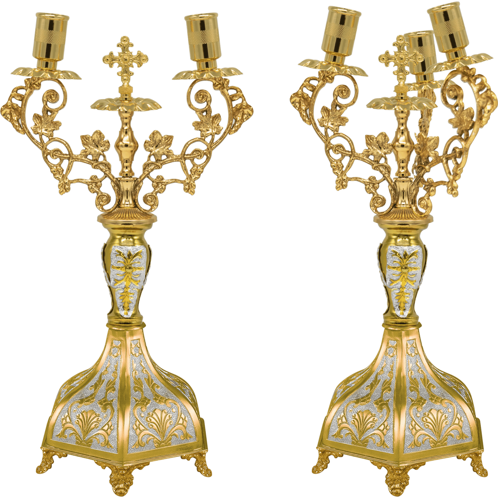 Elegant gold ecclesiastical candleholder with intricate design, crafted for church services and religious ceremonies, showcasing traditional Orthodox Christian church supplies.