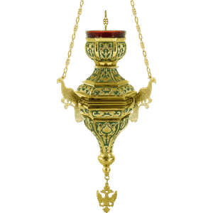 Ornate Byzantine-style religious lamp with gold and green accents, used in church ceremonies and altar decorations.