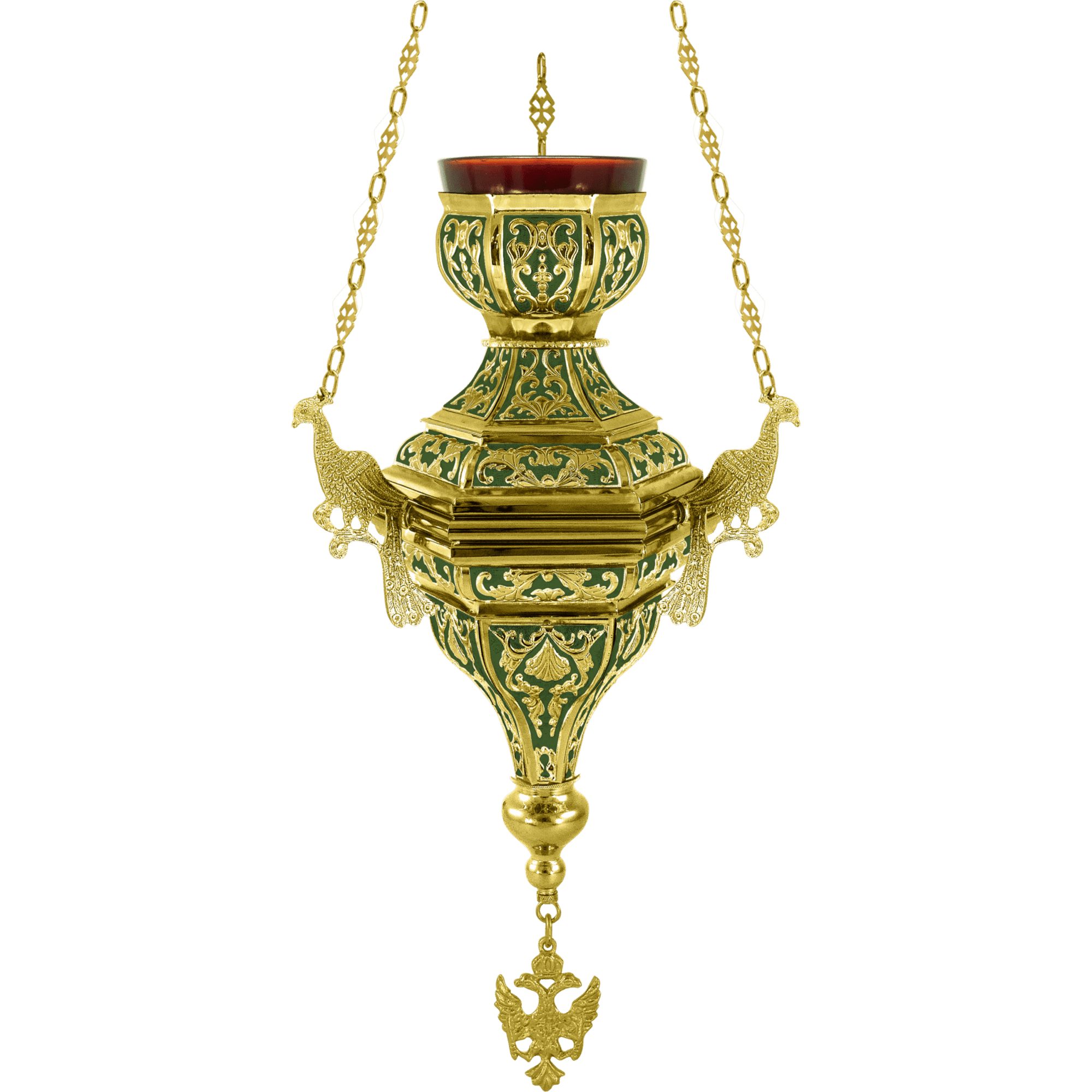 Ornate Byzantine-style religious lamp with gold and green accents, used in church ceremonies and altar decorations.
