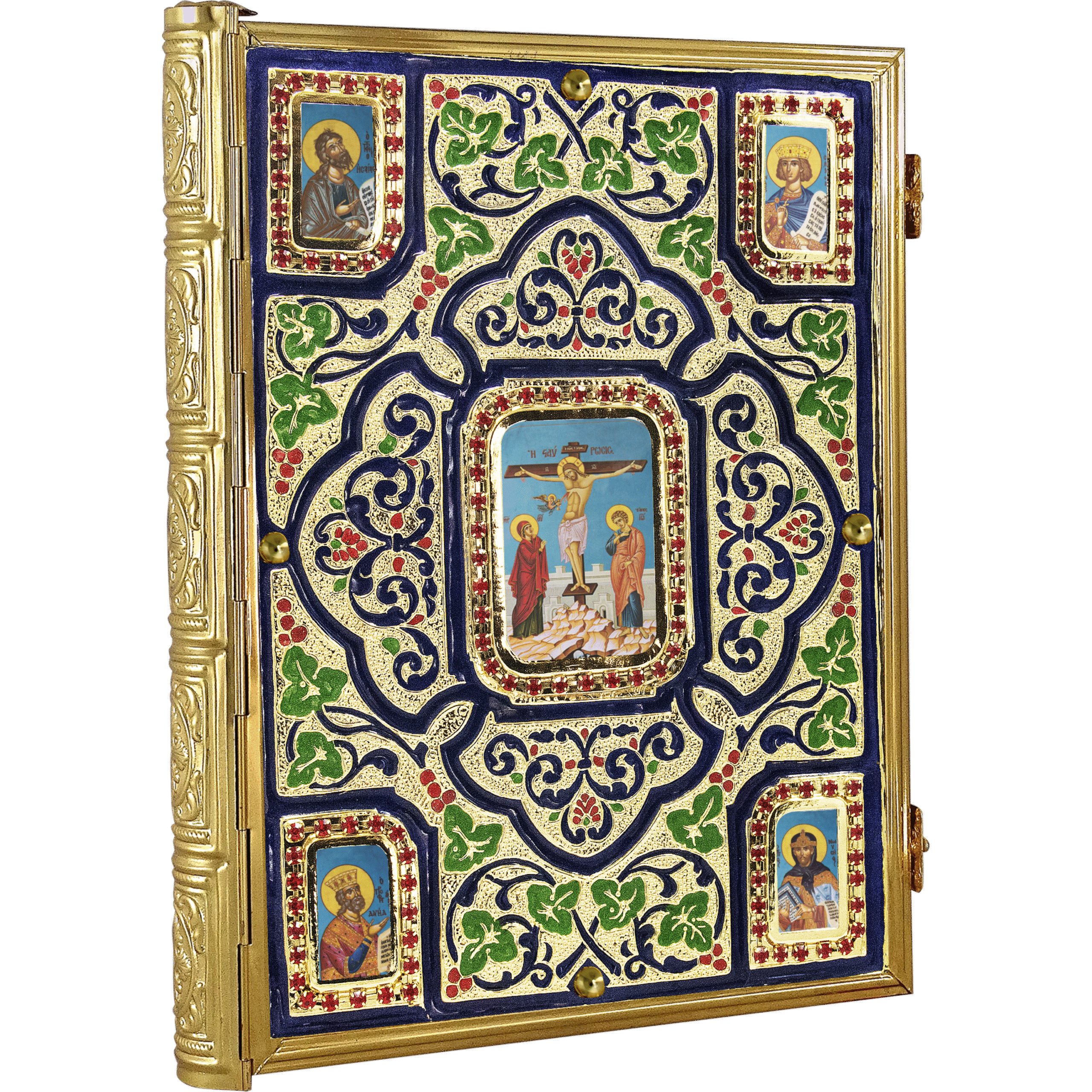 Ornate religious iconostasis with gold detailing, featuring traditional Orthodox Christian icons of Jesus Christ, the Virgin Mary, and saints, incorporating intricate floral patterns and vibrant colors.