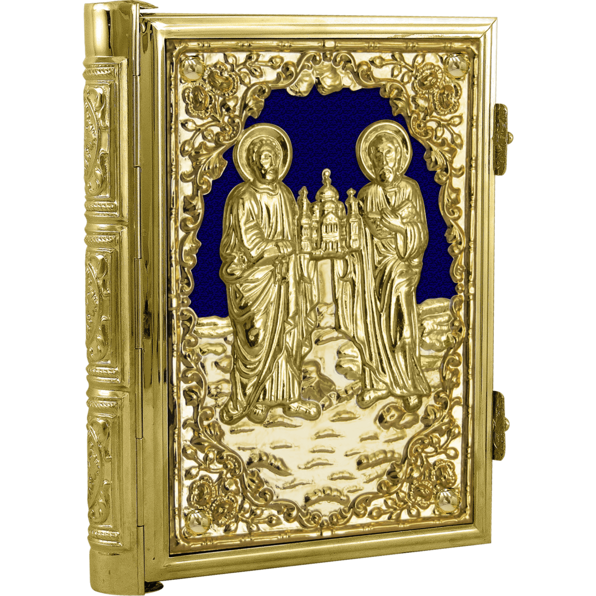Gilded religious icon of Saints depicted in traditional Orthodox style, with intricate ornate design and rich blue background, used for church decor and liturgical purposes.