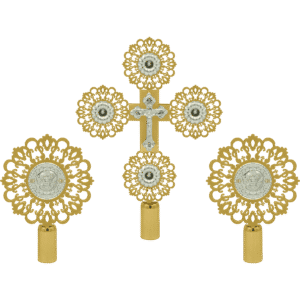 Intricate ecclesiastical gold and silver religious artifacts, including crosses and medallions, used in Orthodox Christian church ceremonies, crafted by Tsatsonis Antonios in Greece.